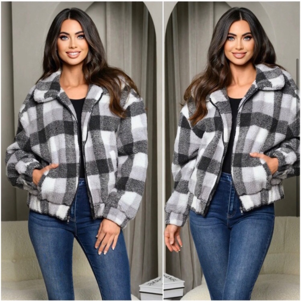 Thick plaid black grey women’s warm lined bomber zippered jacket - Picture 3 of 3